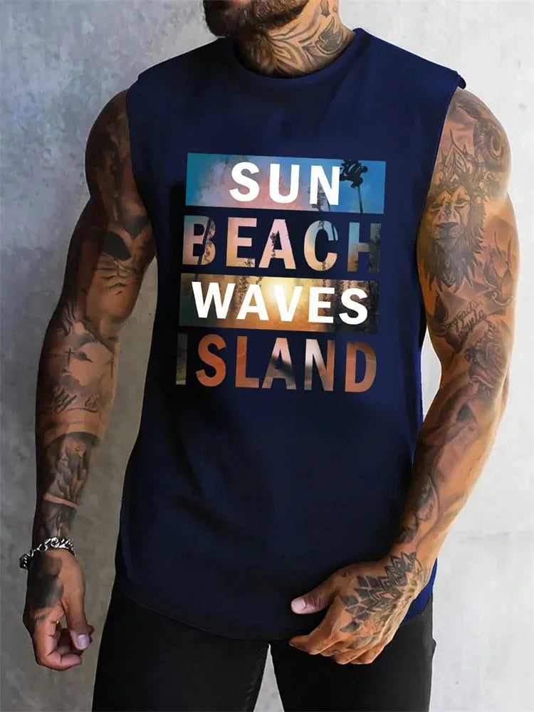 Stylish Men's Vacation Hawaiian Vest Gradient Coconut Print Casual Yacht Party Vest Plus Size Mens Resort Breathable T-Shirt Top