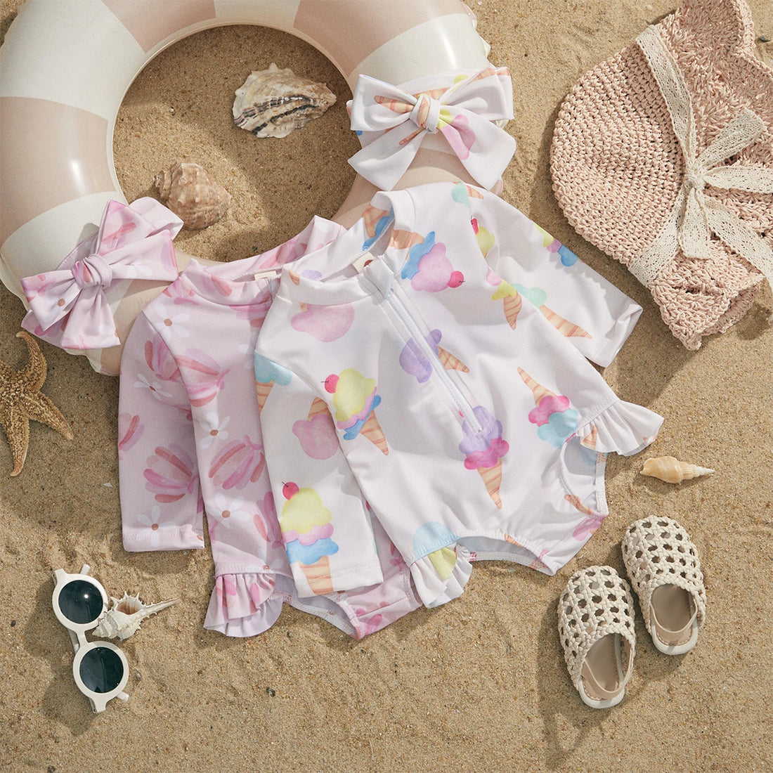 ma&baby 0-24M Newborn Infant Toddler Baby Girls Swimwear Shell Long Sleeve Swimsuit Ice Cream Print Zip Up Bathing Suit