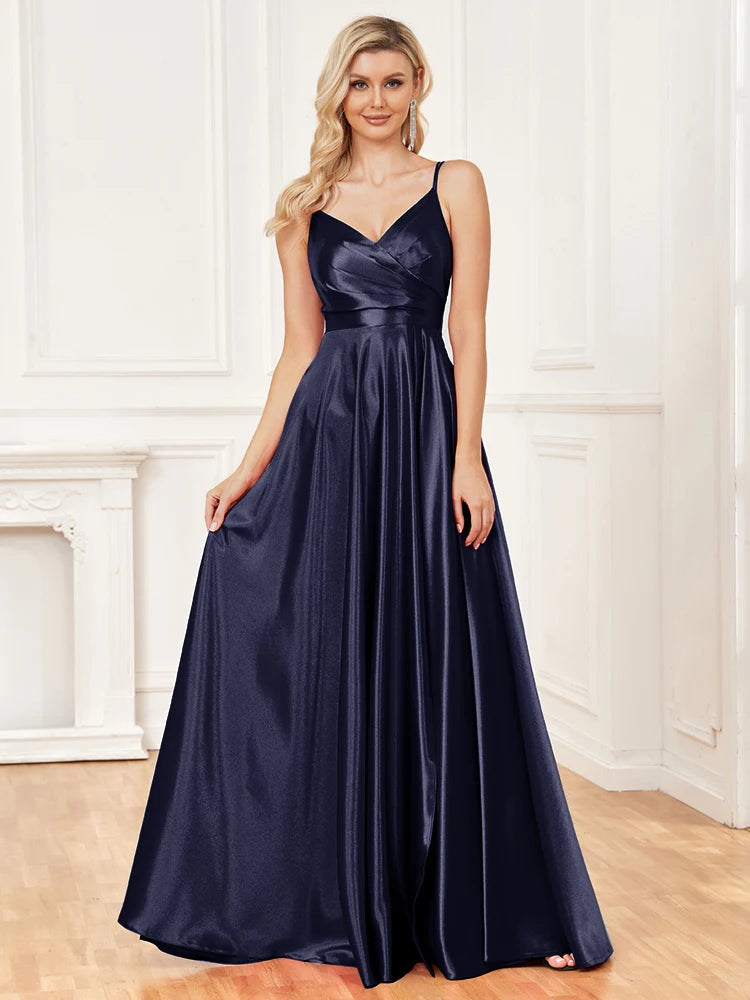 XUIBOL Luxury V-Neck Satin Suspenders Evening Dress Long 2024 Elegant Blue Bridesmaid Party Prom Sexy Backless Cocktail Dress