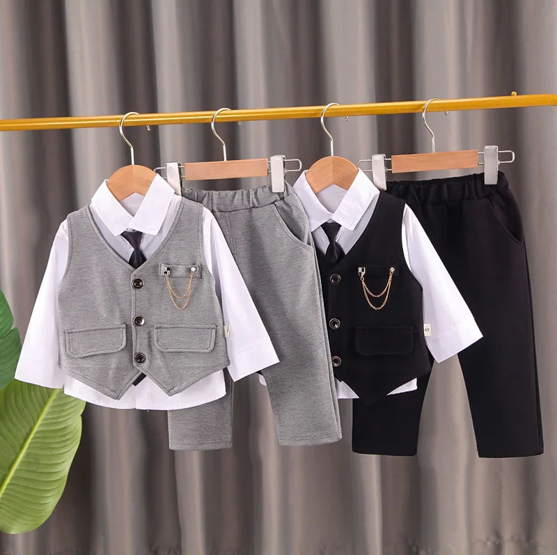 2024 new  boy's solid color children's gentleman suit wear baby chain vest  Tie Shirt three piece formal evening fashion dres