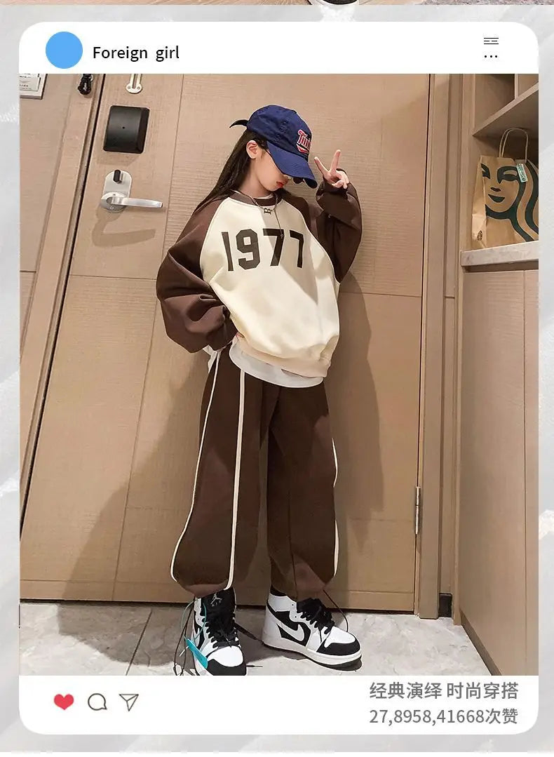 Autumn Girl Clothes tracksiut T-shirt hoodie + coffee teens striped loose pants 2pcs Outfits 8 9 6 10 12 13 14 Years