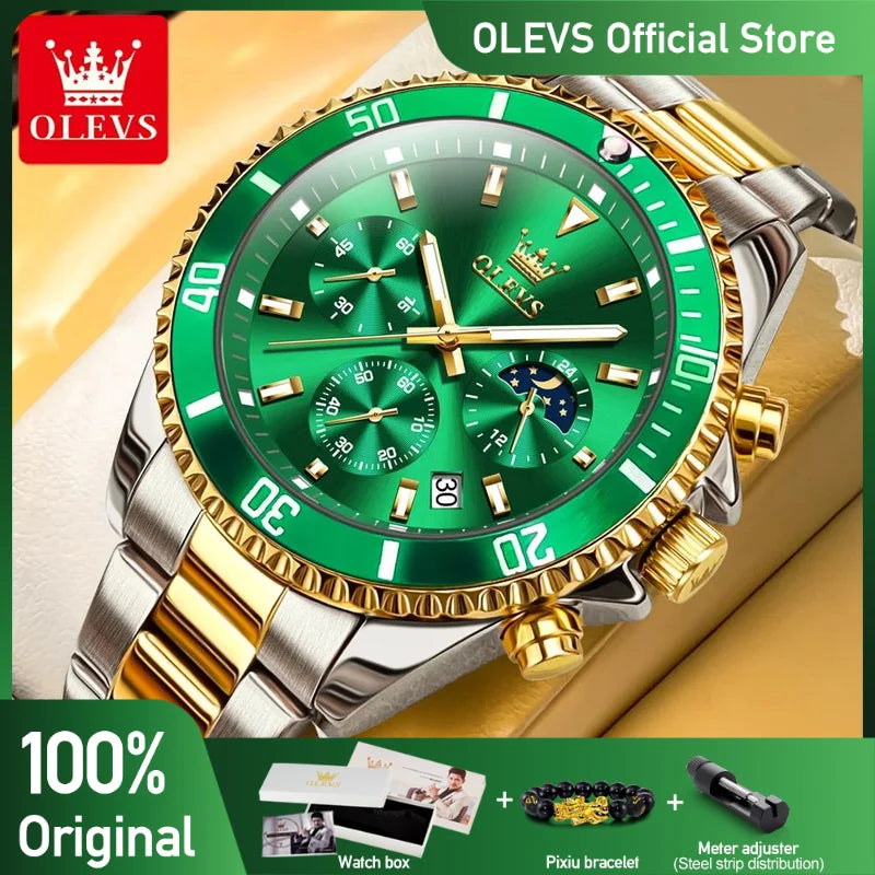 OLEVS Men's Watches Top Brand Luxury Watch for Men Original Waterproof Stainless Steel Chronograph Moon Phase Date Rota Dial