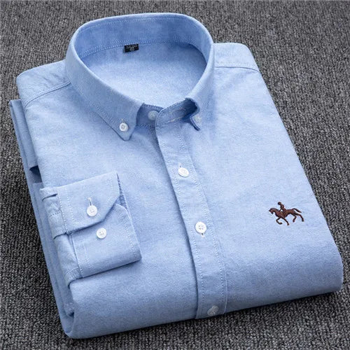 S-6XL Oxford Shirts for Men Long Sleeve Pure Cotton Solid Stripe Leisure Embroidered Horse Streetwear Business Plain Office 6XL