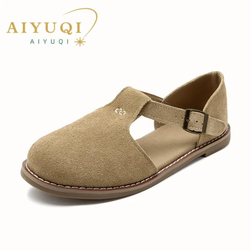 AIYUQI flat-soled retro frosted genuine leather women's sandals 2024 new hollow women's shoes Roman Baotou sandals for women