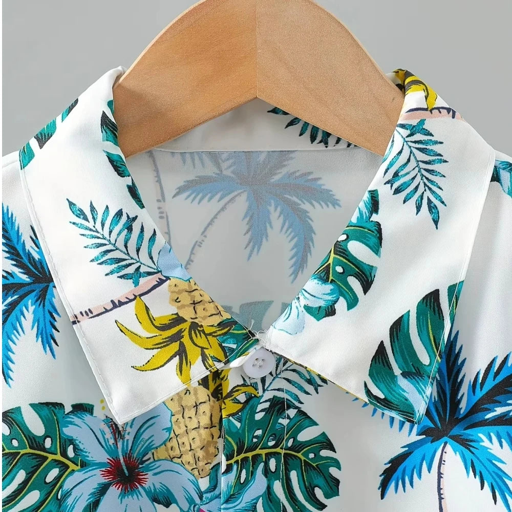 Casual Shirt Boy Beach Tropical Leaves and Coconut Tree Print Shirt Top Boys Creative Short Sleeve Shirt Lapel Tops Boys Clothes