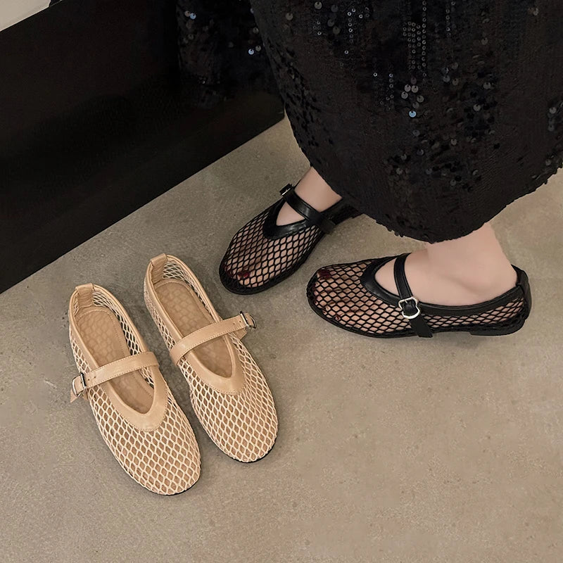 In Summer, Wear Round Toe, Straight Buckles, Casual and Comfortable, Women's Flats, Cut-out Mary Jane Single Shoes,fishnet Shoes