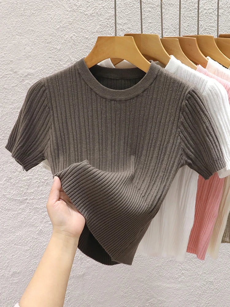 Summer T shirts for Women Casual Female Korean Knit Streetwear Tees Basic Solid Young Cool Tops