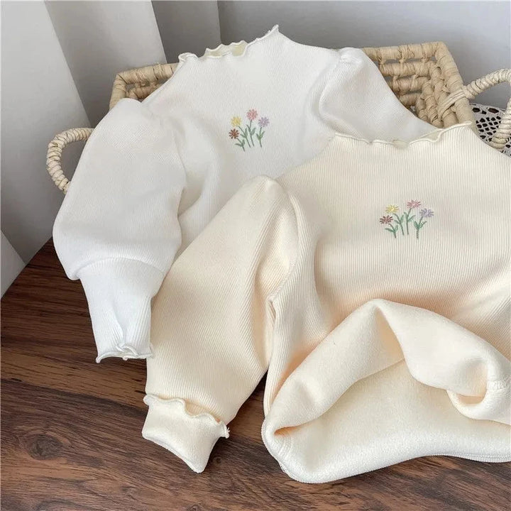 Baby Girls Top Winter Kids Warm Thickening Sweater Children Puff Sleeve Flower Embroidery Bottom Shirt 1-6 Years Casual Clothing