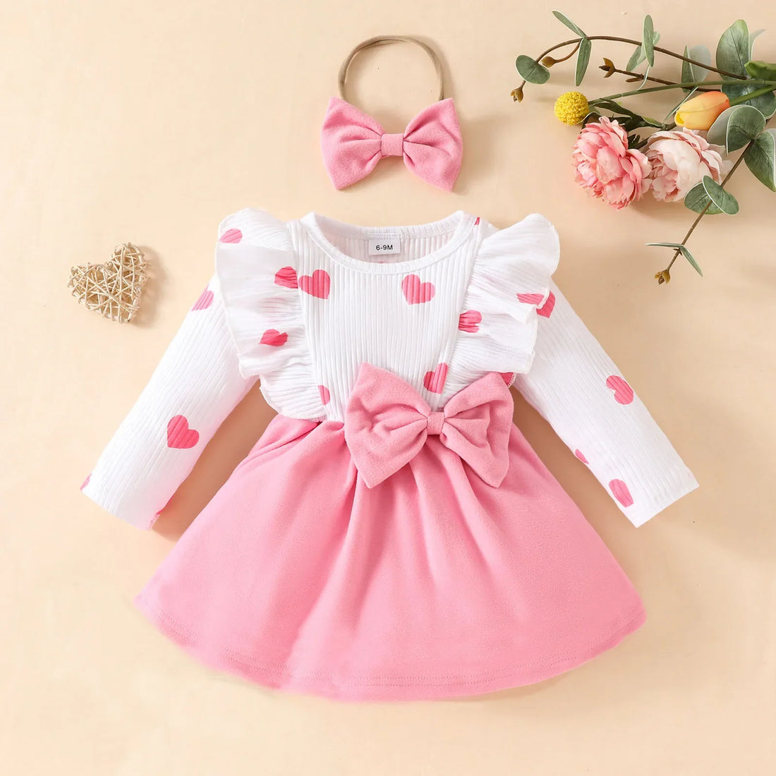 Valentine's Day Baby Clothes 0-3Y Girls Outfits Infant Heart Print Dress with Bow Headwear 2Pcs Toddler Cute Princess Dress