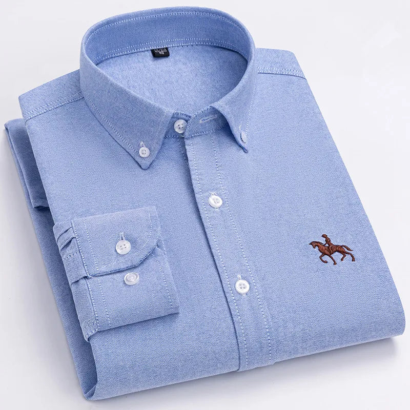 2024 100% Cotton Oxford Man Leisure Embroidered Horse Shirts Streetwear Oversized Men Shirt Floral Long Sleeve Casual Plus Size