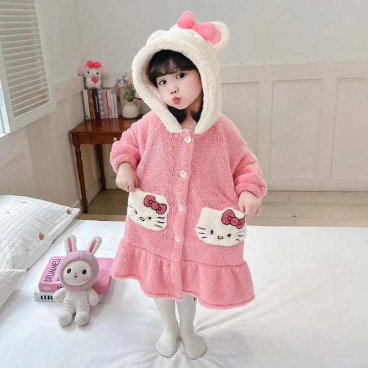 Sanrio Hello Kitty Girls Pajamas Flannel Homewear Kawaii Cinnamoroll Autumn Winter Kids Loungewear Nightdress Sleepwear Robes