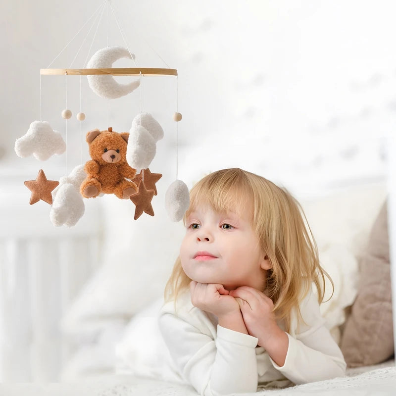 Baby Wooden Bed Bell Mobile Hanging Rattle Toys Teddy Velvet Bear Rabbit Doll Toy Newborn Music Hanger Crib Mobile Bracket Gifts