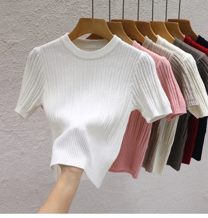 Summer T shirts for Women Casual Female Korean Knit Streetwear Tees Basic Solid Young Cool Tops