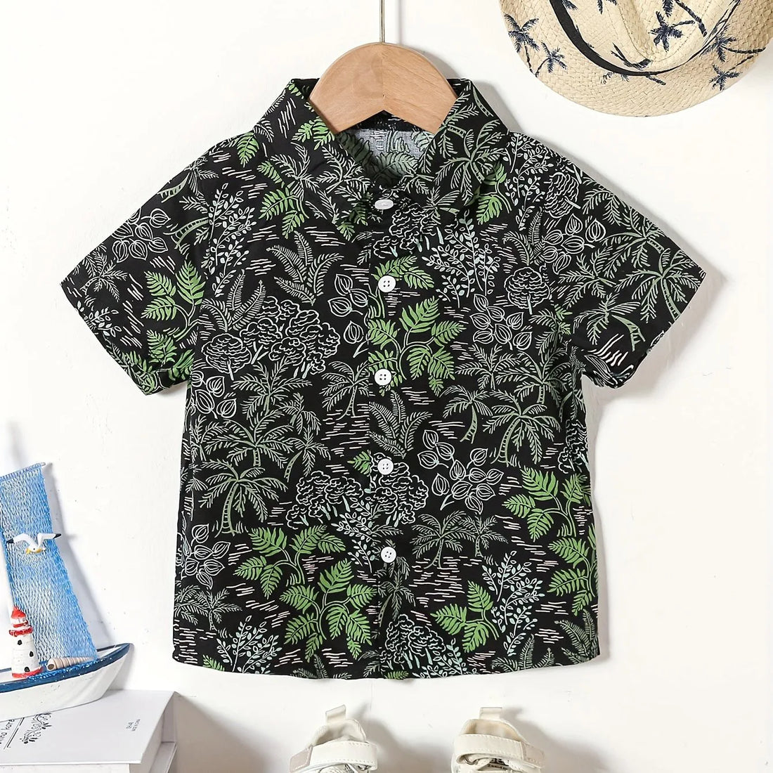 Boys Summer Holiday Hawaiian Party Style Floral And Leaf Full Print Kids Short Sleeve Lapel Shirt Children Summer Tops