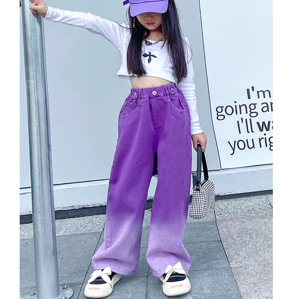 Teenagers Girl Wide Leg Jeans Kids Girls Denim Pants Children Outwear Long Trousers Girl JAZZ Clothing Fall Spring 110-170