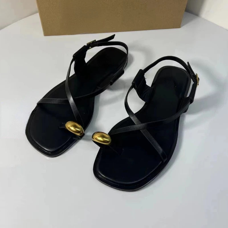 Summer Flat Sandals for Woman Fashion Metal Decoration Ladies Footwear Breathable Cross Strap Casual Clip Toe Beach Shoes