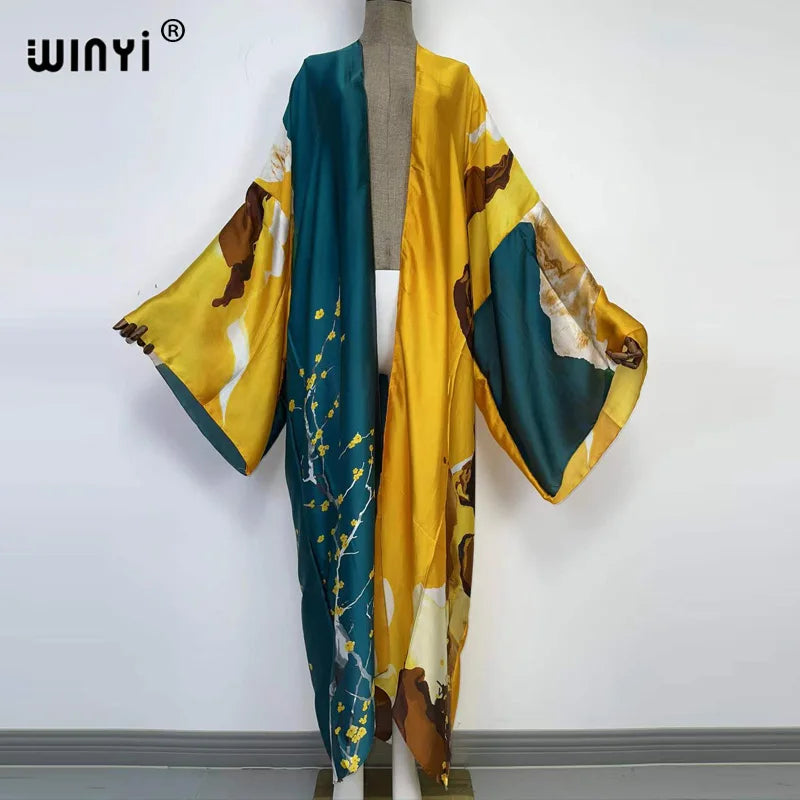 Kimonos verano Women sukienka Print Long Sleeve Cardigan Female Blouse Loose Casual beach Cover Up boho dress party kaftan