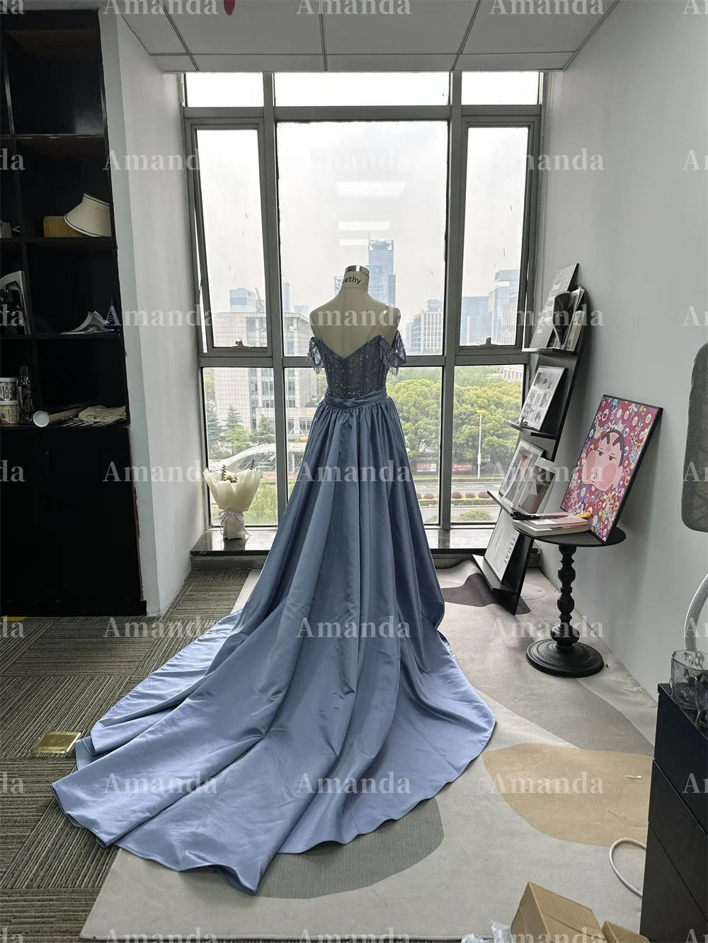 Amanda Customized Sexy Blue Off the Shoulder Vestido De Novia Detachable Train Prom Dress Side Split Trumpet Evening Dress