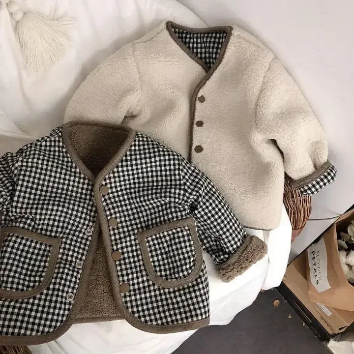 DGUKYM New Autumn and Winter Warm Jacket Children Two Sides Wear Plaid Plush Jacket Kids Jackets Winter Clothes for Girls