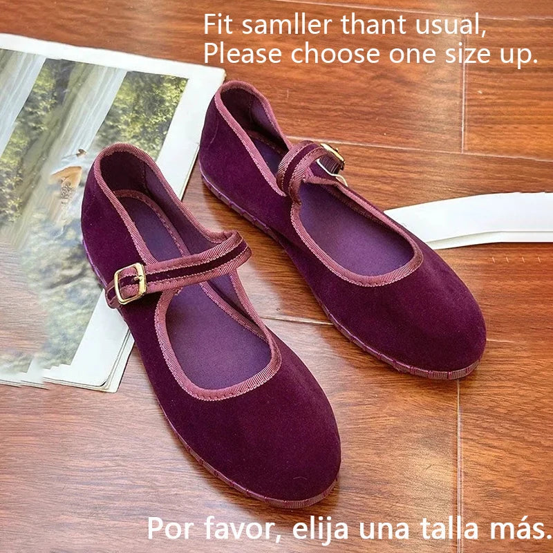 Velvet Mary Jane Shoes for Women Hand Stitch Casual Streetwear Ballet Flats Pumps Female Solid Color Red Cloth Shoes Loafers