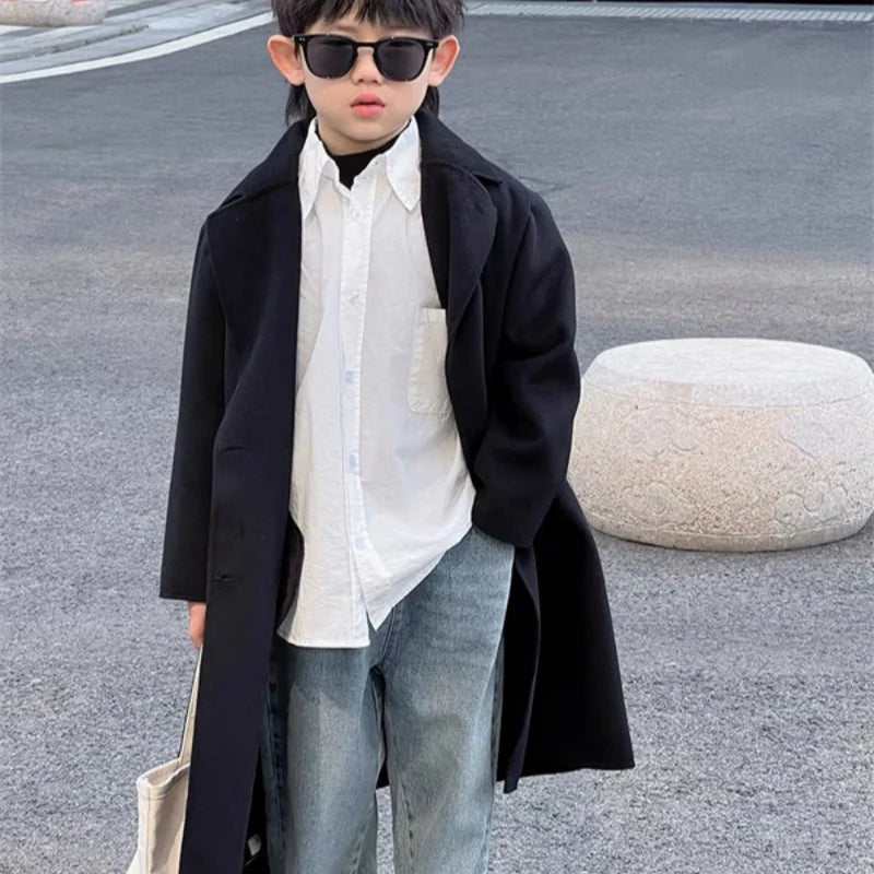 Boys Woolen Coat Overcoat Jacket Windbreak 2024 Black Warm Plus Thicken Autumn Winter Cotton School Children's Clothing