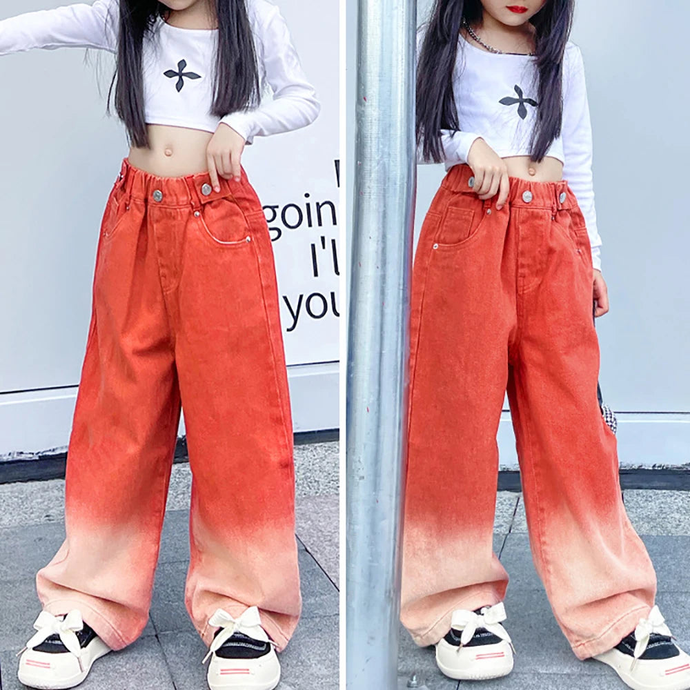 Teenagers Girl Wide Leg Jeans Kids Girls Denim Pants Children Outwear Long Trousers Girl JAZZ Clothing Fall Spring 110-170