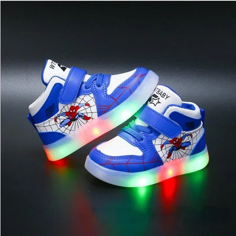 Disney Children's Led Light Shoes Fashion Design Spiderman Boys Sneakers Girls Cartoon Casual Shoes Breathable Kids Sport Shoes