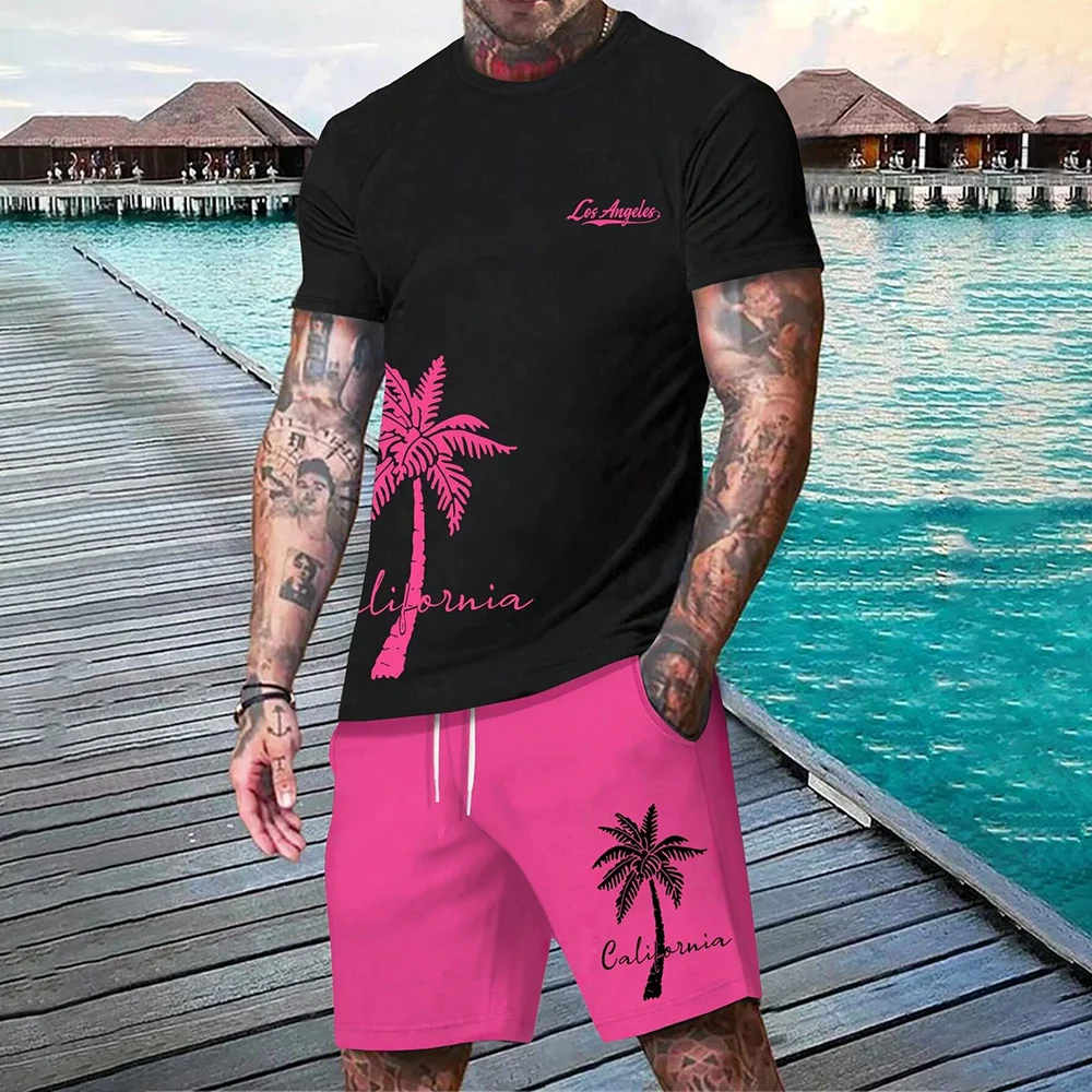 Hawaiian Set European And American Trendy Beach Short Sleeved Shirt Men S Dopamine Beach Casual Shorts Set Soft And Comfortable