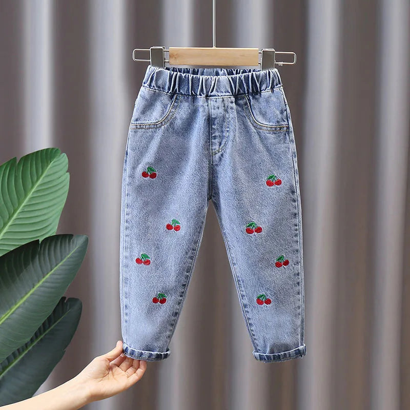 Kids Girl Jeans Floral Cartoon Long Pants Spring Autumn Graffiti Painting Print Casual Trousers with Hole Children Denim Pants