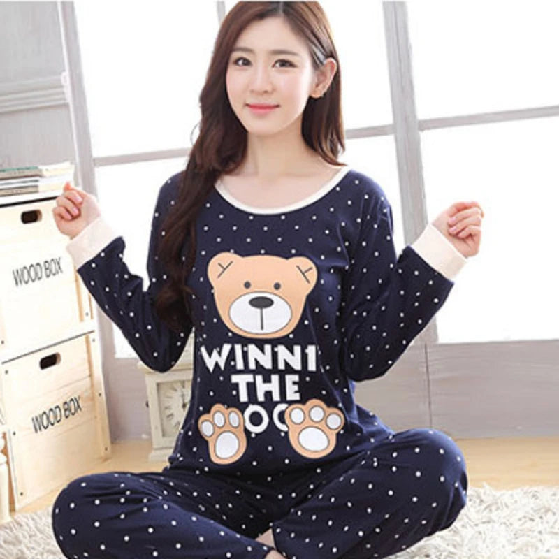 Spring Thin 2pieces Pyjamas Set Women Tops 2024 Cotton Round Neck Girls Pajamas Sets Teacup Cat Sleepwear Clothes Pijamas Mujer