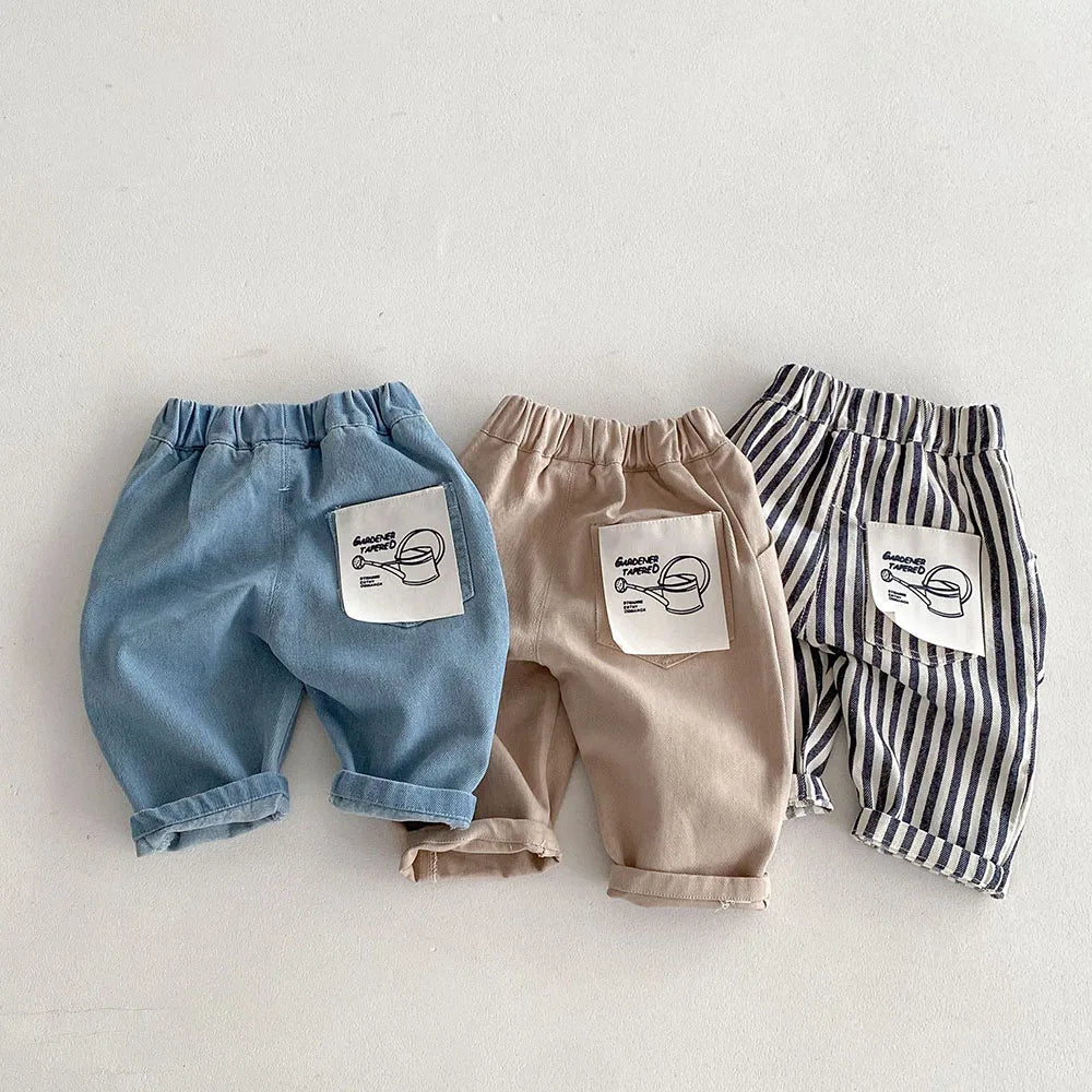 New Autumn Kids Tapped Casual Striped Pants 0-5T Girls Boys Fashion Stripe Trousers Children Solid Denim Jeans Britches