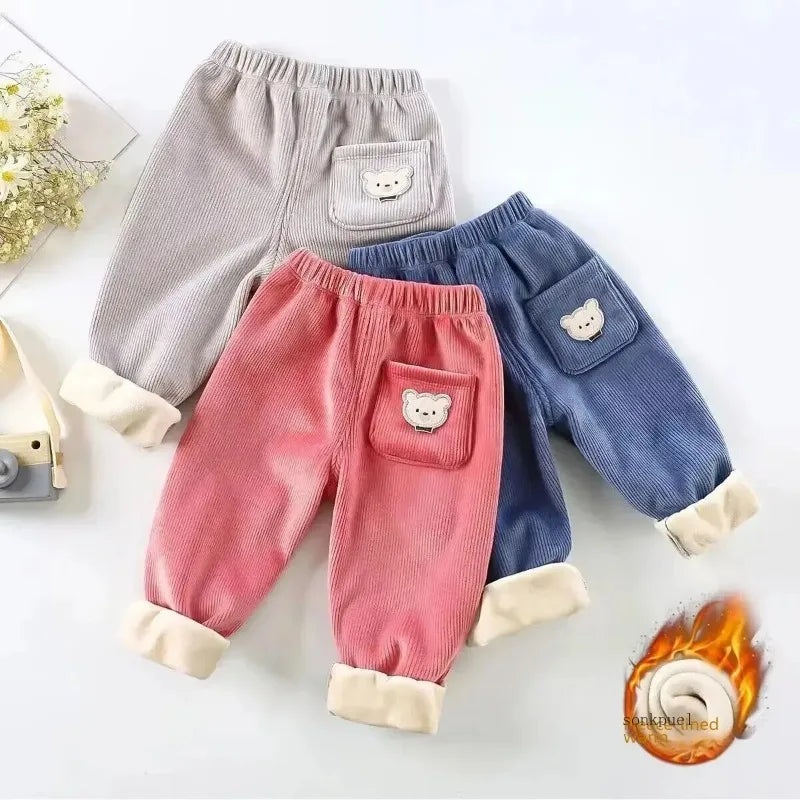 Kids Warm Pants Autumn Winter Girls Thicken Trousers Baby Boys Cute Bear Print Children Casual Harem Pants