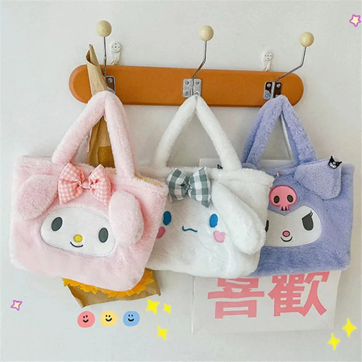 MINISO Sanrio Plush Bag Kawaii Kuromi Cinnamoroll Melody Cartoon Anime Handbag Crossbody Cosmetic Travel Storage Bags