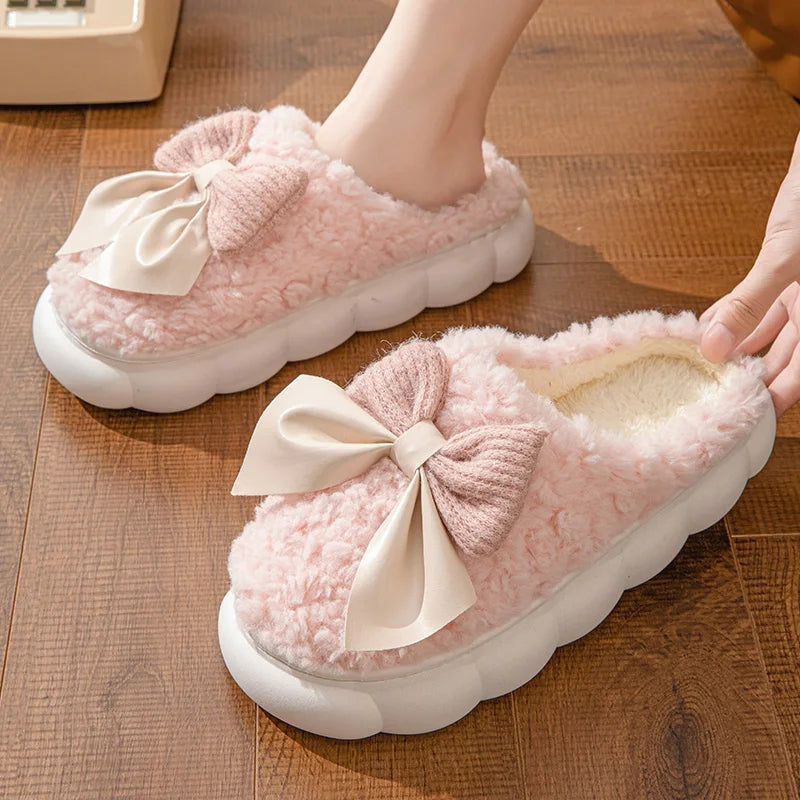 Winter Warm Fur Slippers for Women Cute bow House Non Slip Soft Shoes Comfort Flat Heel Home Indoor Bedroom Plush Slippers