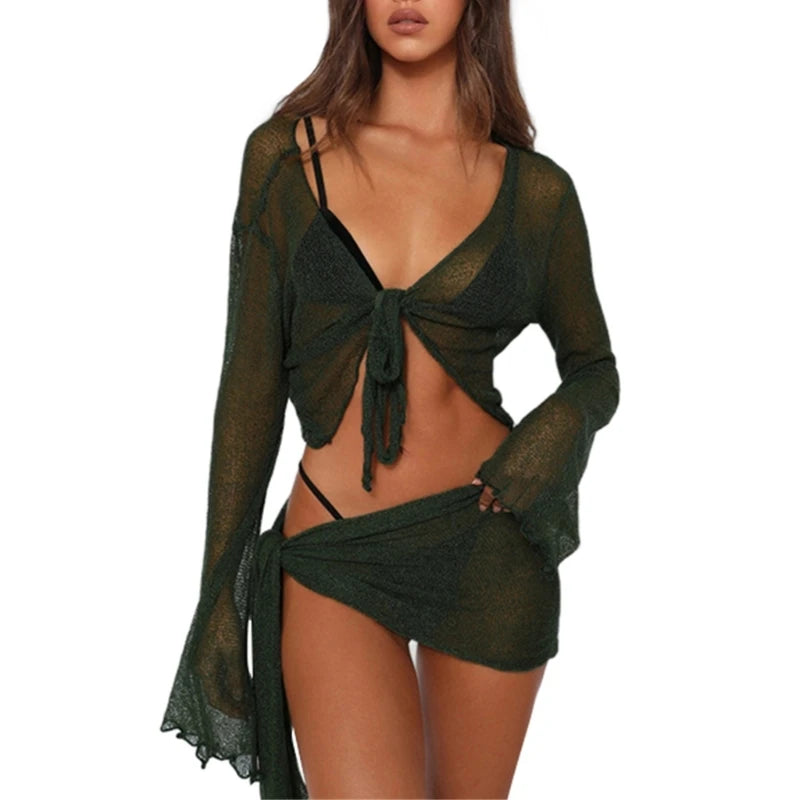 Womens 2 Piece See Through Mesh Beach Swimsuit Cover Up Set Sheer Flared Long Sleeve Crop Top and Side Tie Mini Skirt