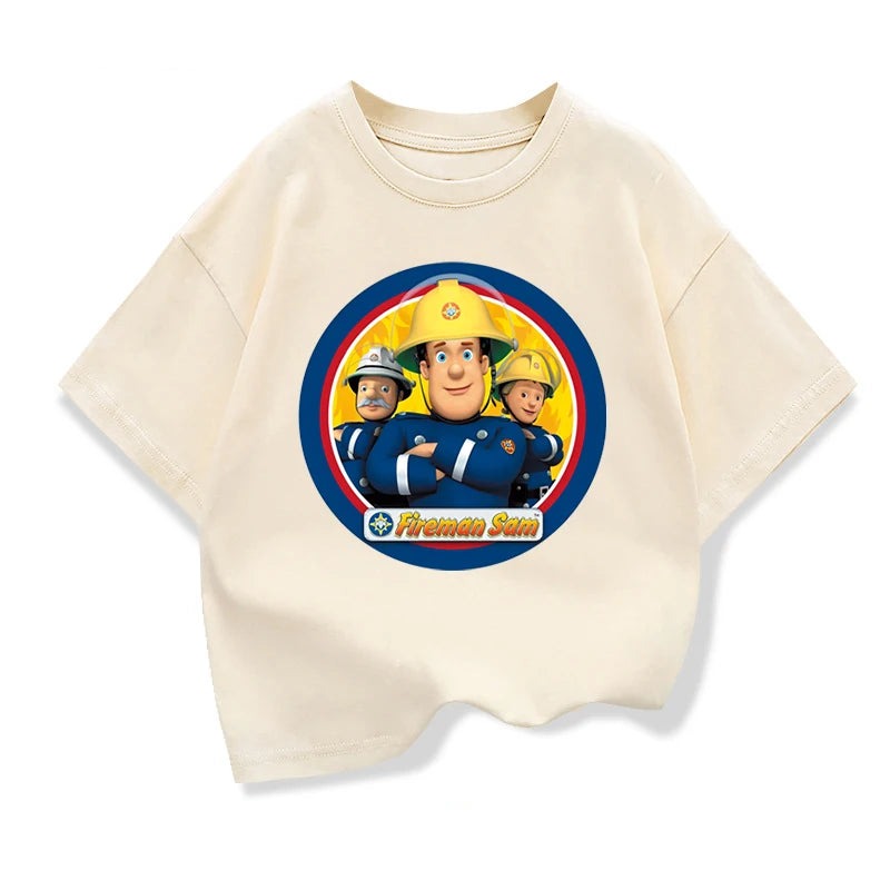 Newest Fireman Sam Printed Kids Summer Clothes Junior Boys Short Sleeve Tops Baby Girls Pure Cotton T-shirts Children Clothing