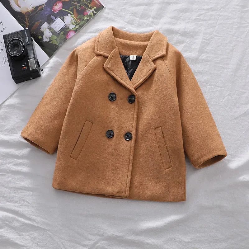 Spring Boys Jackets Child  Girl Woolen Double-breasted Baby Trench Coat Lapel Autumn Kids Outerwear  Winter Wool Overcoat