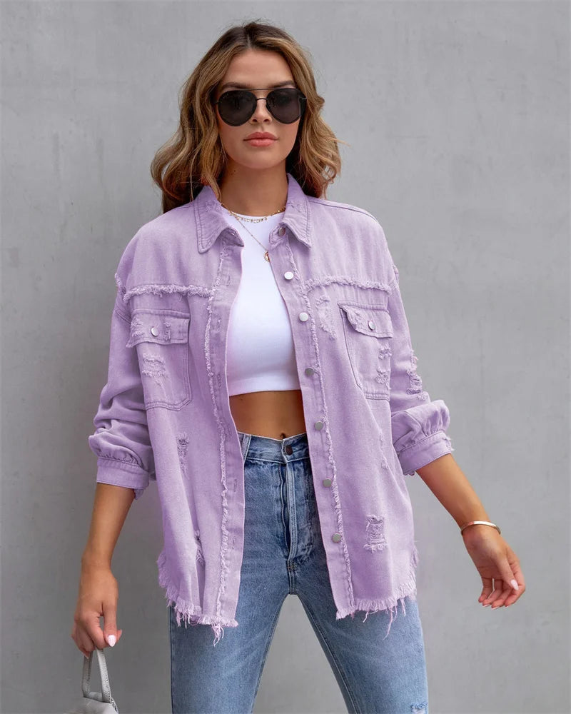 2023 Holes Raw-edges Denim Jacket Women Spring Autumn Shirt Style Jeancoat Casual Top Rose-Red Orange Purple Outerwear Lady Coat