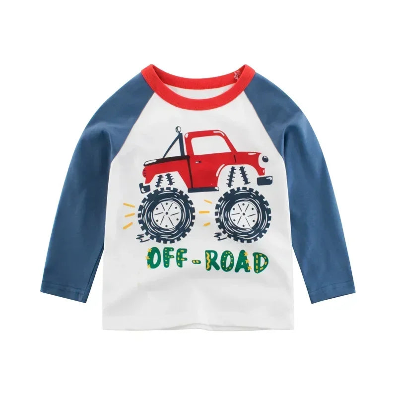 2025 Autumn T Shirt Cartoon Car T-shirt Boys Girls Baby Kids Clothes Cotton Long Sleeve Top for Boy Children's Clothing 2-9 Year