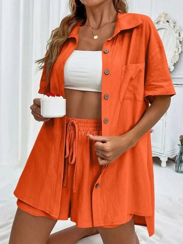 Long Sleeve Single breasted Top Broad legged Shorts Set Fashion Ladies Sexy Solid Suits 2023 Summer 2 Piece Outfits For Women