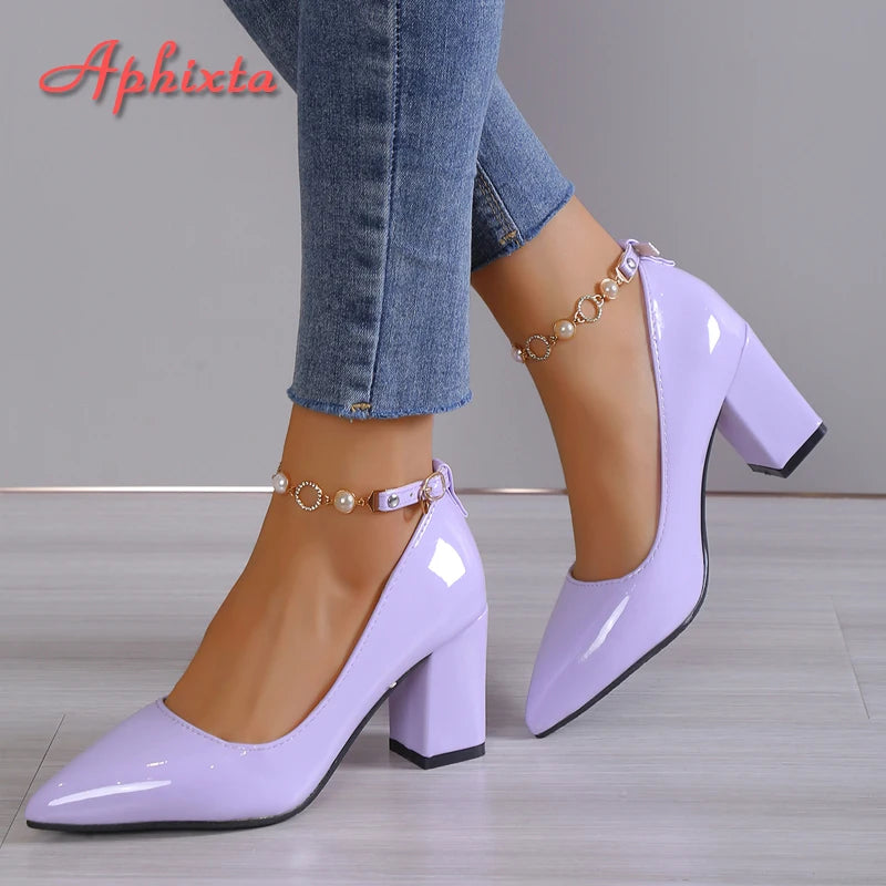 Aphixta 2024New Luxury Rhinestone Pearl Chain 7cm Chunky Heels Pumps Women Shoes String Bead Pointed Toe Bling Crystals Pumps