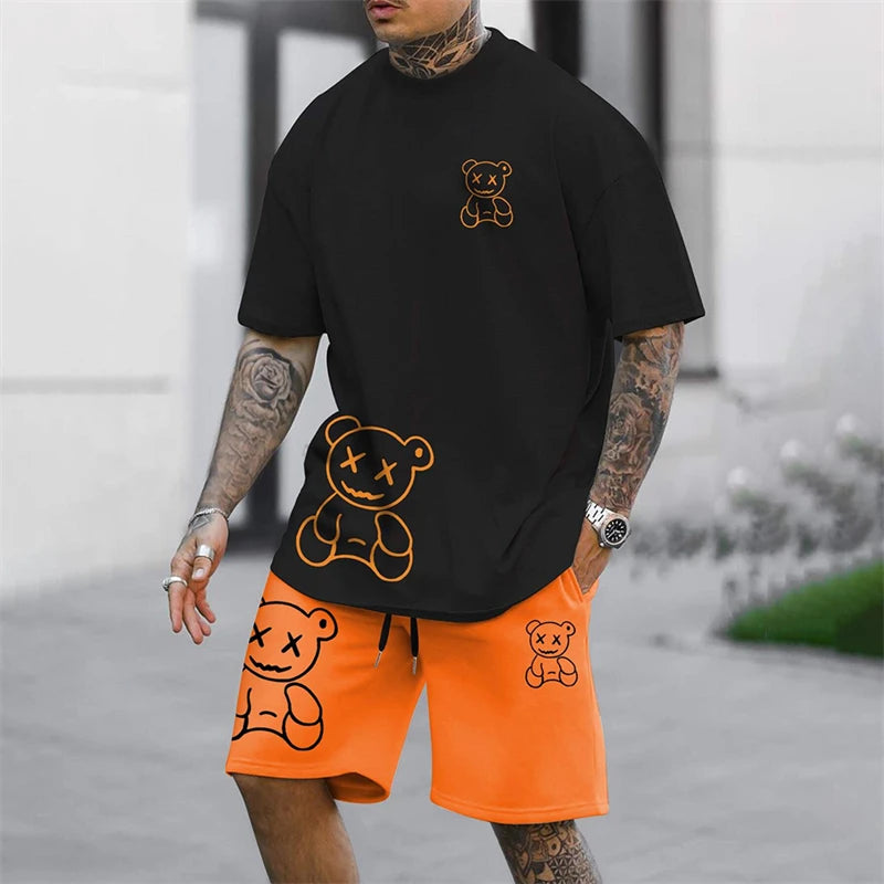 2025 Fun Bear Harajuku T-Shirt Men's Summer Loose Daily Couple Suit Outdoor Street Short Sleeve Shorts Two Piece Men Summer Suit