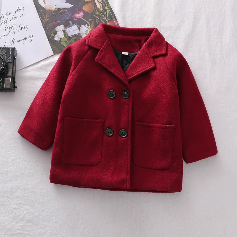 Spring Boys Jackets Child  Girl Woolen Double-breasted Baby Trench Coat Lapel Autumn Kids Outerwear  Winter Wool Overcoat