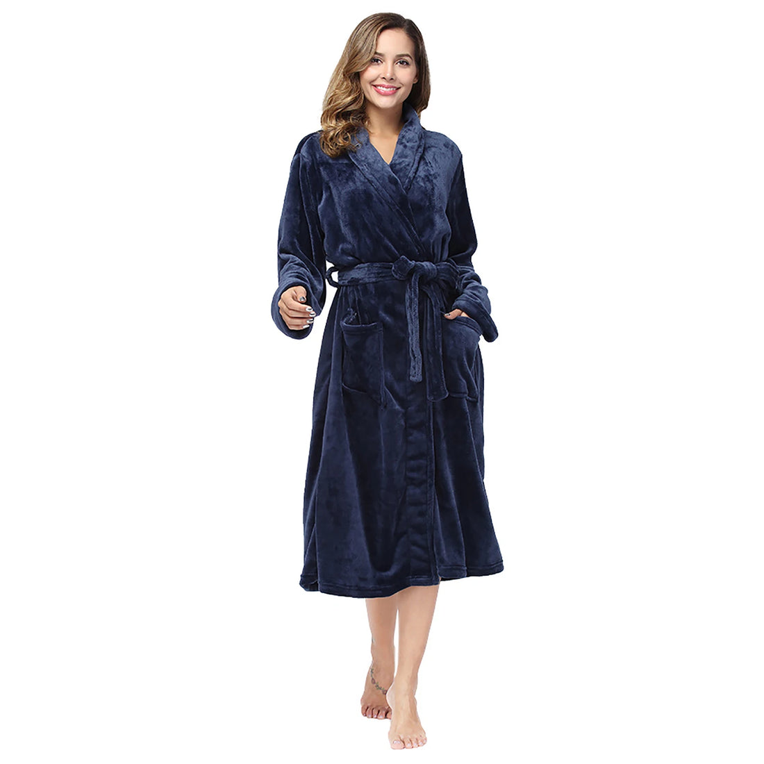 RONGTAI Women's solid color lapel bathrobe autumn and winter models facecloth warm and comfortable long-sleeved robe homewear