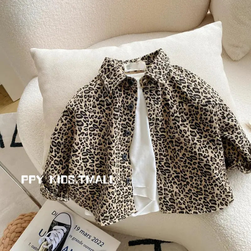 Boys T-shirt Turn-down Collar Leopard Print Button Long Sleeve Spring and Fall Cool Pretty Soft Cotton