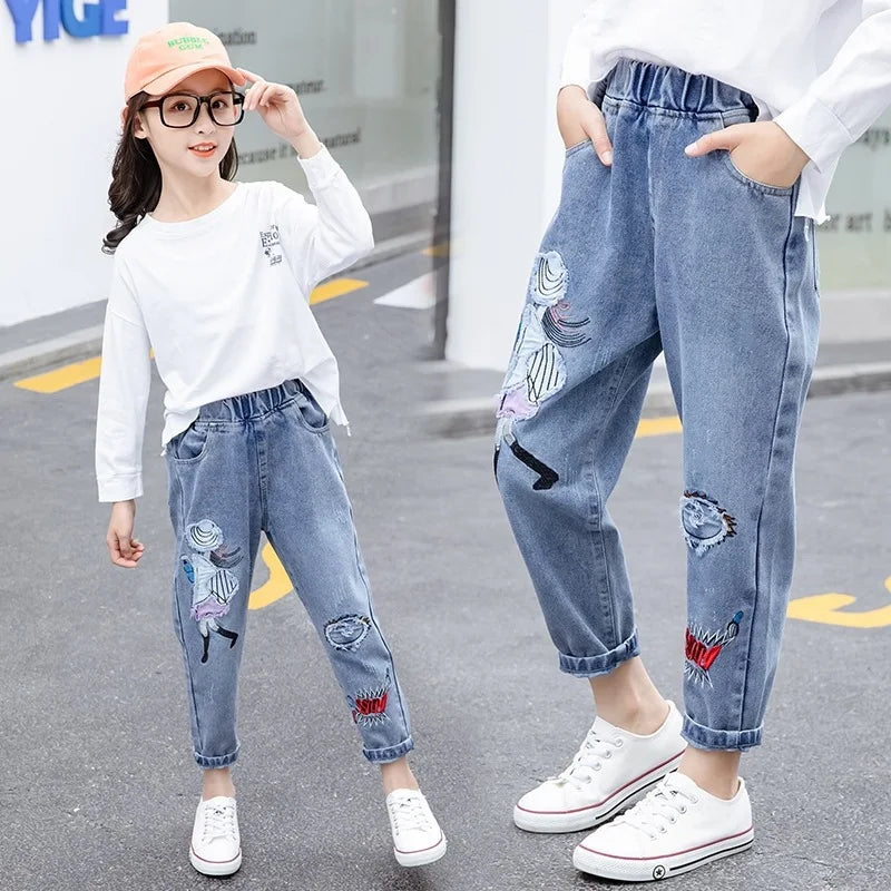 New Teenage Girls Jeans 2024 Spring Autumn Casual Fashion Loose Blue Kids Leg Wide Pants School Children Trousers 3-12Year