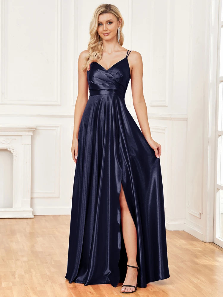 XUIBOL Luxury V-Neck Satin Suspenders Evening Dress Long 2024 Elegant Blue Bridesmaid Party Prom Sexy Backless Cocktail Dress