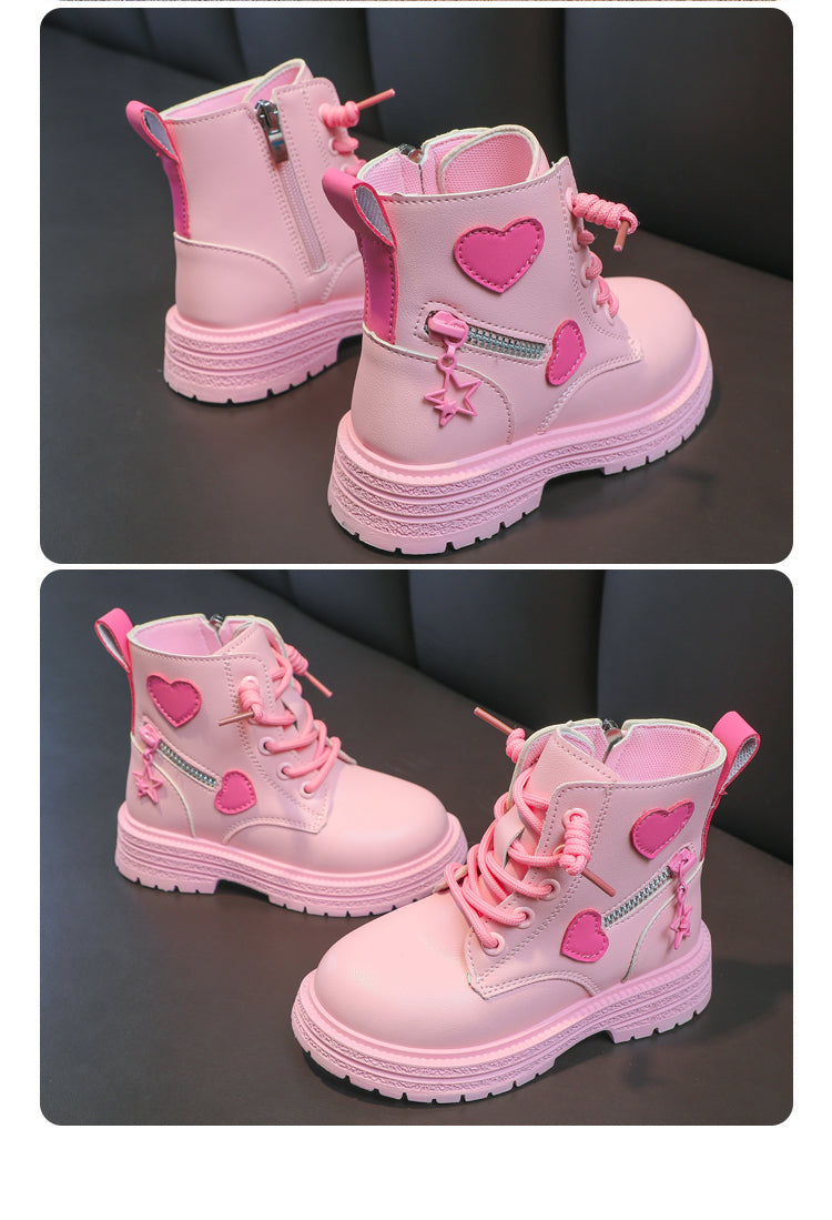 Girls Boots Kids Fashion Rubber Boots Cool Girl Autumn and Winter Cotton Soft Sole Pink with Love Side Zip Princess Round-toe PU