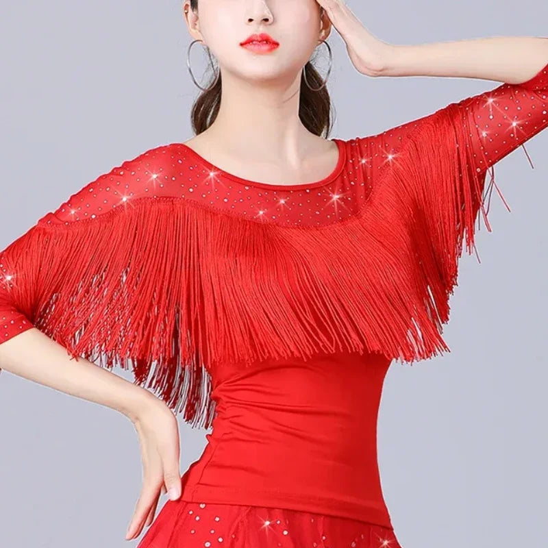 Women's Latin Dance Costume Glitter Sequin Tassels Modern Dance Practice Performance  Tops Tango Jazz Waltz Ballroom Dancewear