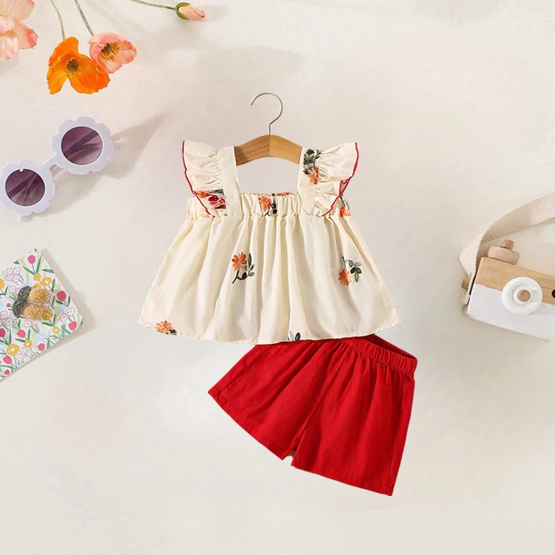 Summer Girl Cotton Sleeveless Set 2/Piece Girl Flower Embroidered Little Flying Sleeve Top+Solid Color Shorts